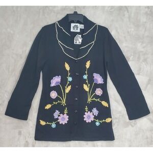 Storybook Knits Black Floral Cardigan Sweater Size Small Hand Knit Flowers NWT